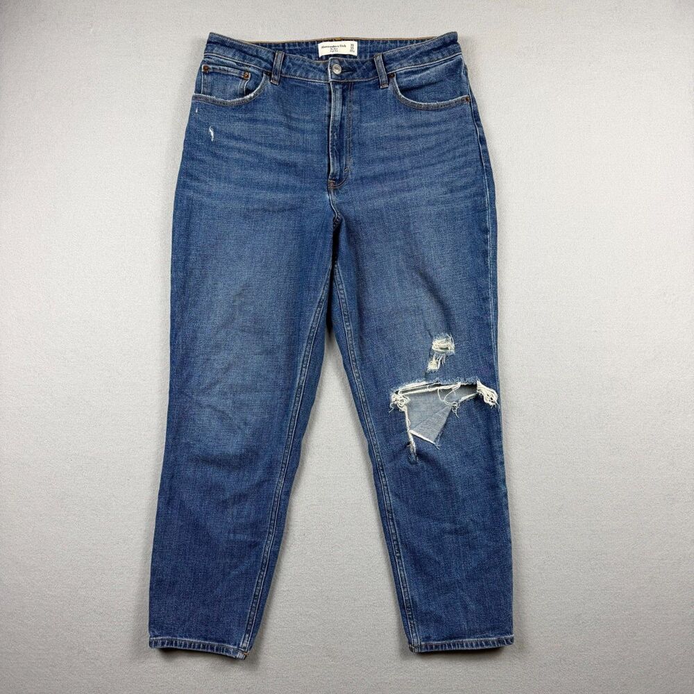 Abercrombie & Fitch Curve Love The Mom Jeans Women 10 Blue Distressed Logo 30x26